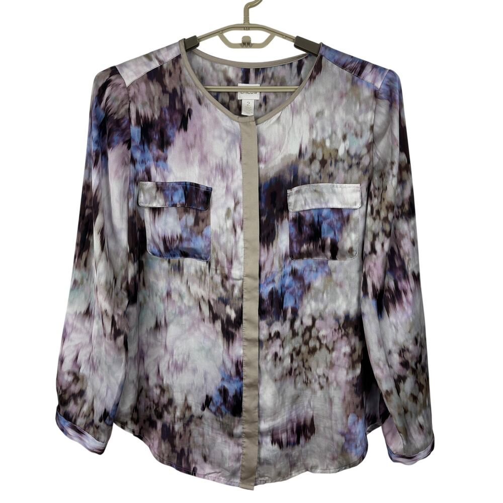 Chico's Watercolor Long Sleeve Satin Blouse Button Up size 2 (Large)
